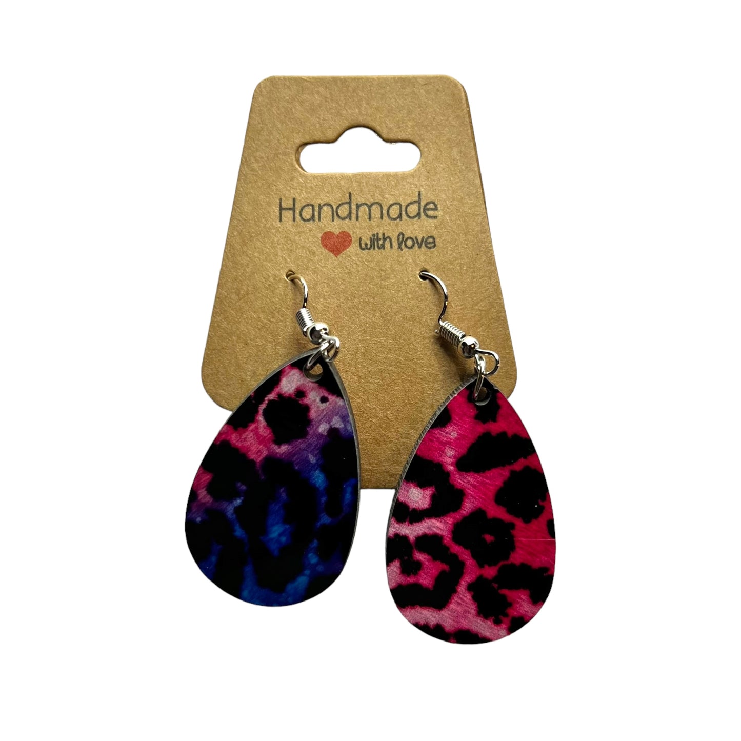 JenDore Pink Purple Leopard Printed TearDrop Wood Silver Stainless Steel French Wire Hook Earrings