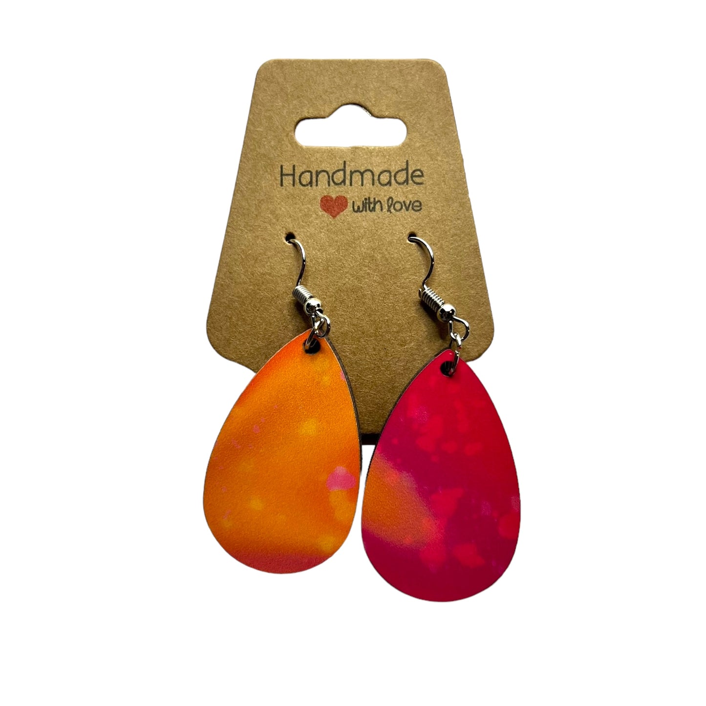 JenDore Orange Pink Printed TearDrop Wood Silver Stainless Steel French Wire Hook Earrings