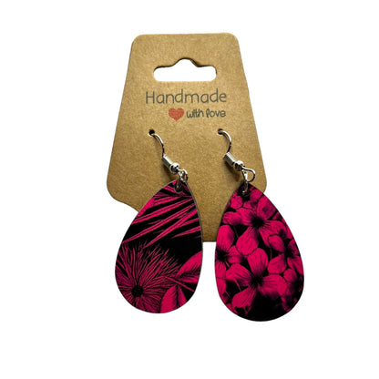 JenDore Hot Pink Black Floral Printed TearDrop Wood Silver Stainless Steel French Wire Hook Earrings