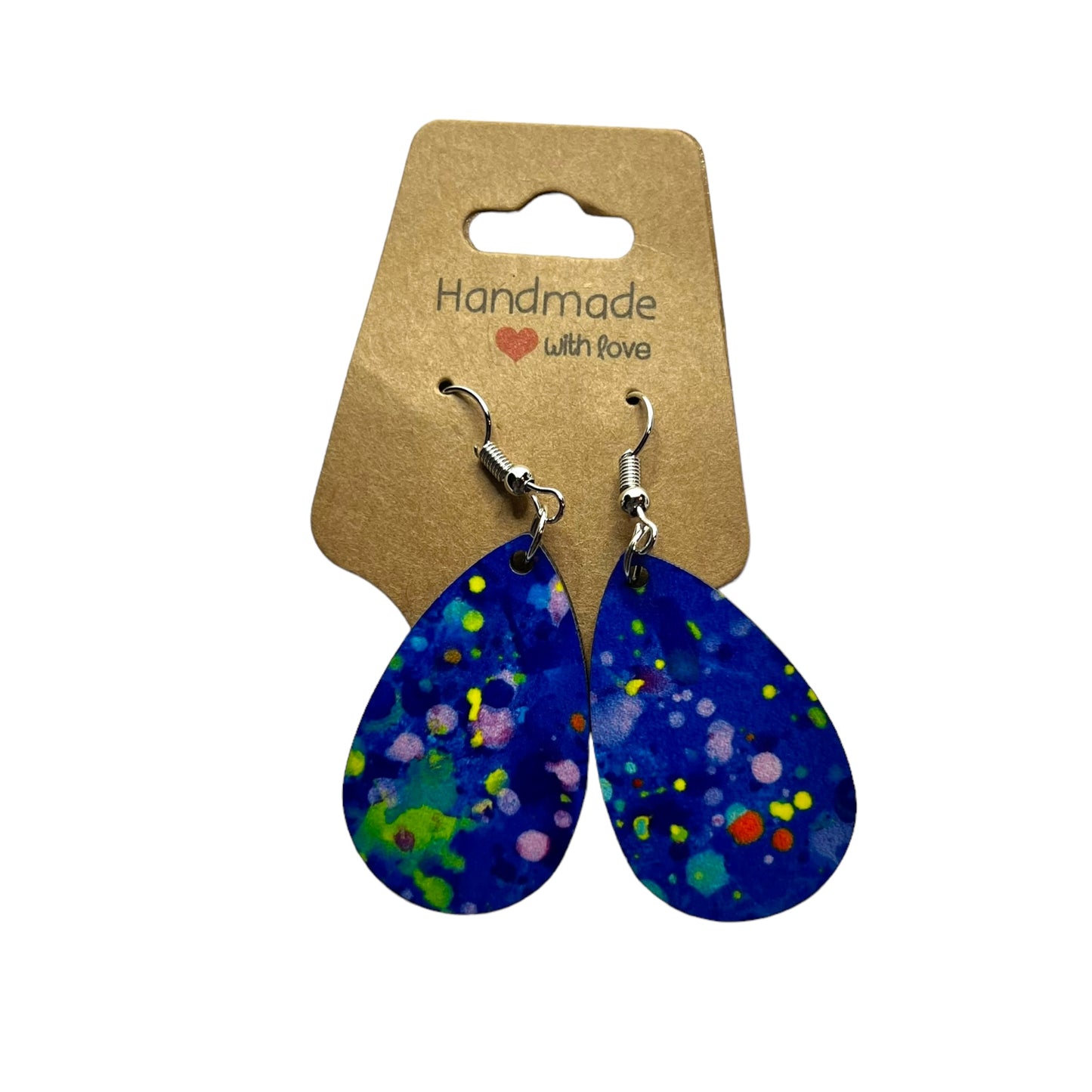 JenDore Paint Splats Printed TearDrop Wood Silver Stainless Steel French Wire Hook Earrings