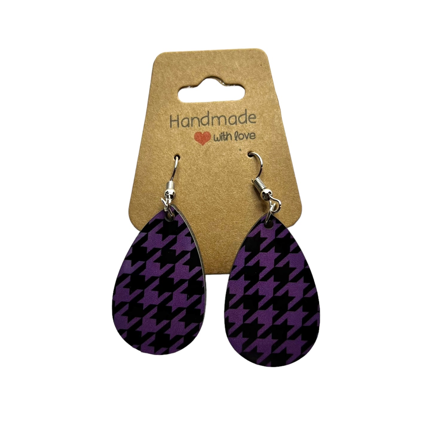 JenDore Purple Black Printed TearDrop Wood Silver Stainless Steel French Wire Hook Earrings