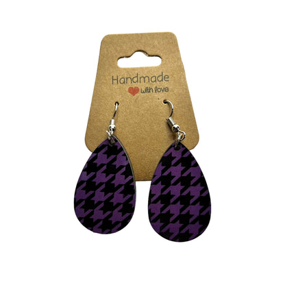 JenDore Purple Black Printed TearDrop Wood Silver Stainless Steel French Wire Hook Earrings