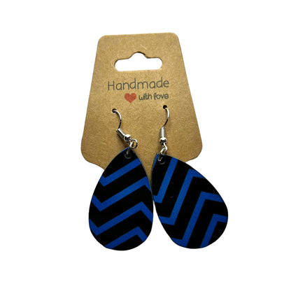 JenDore Blue Black Striped Printed TearDrop Wood Silver Stainless Steel French Wire Hook Earrings