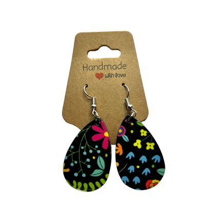 JenDore Colorful Black Floral Printed TearDrop Wood Silver Stainless Steel French Wire Hook Earrings