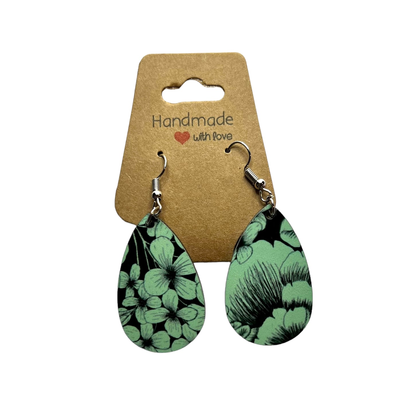 JenDore Mint Green Black Floral Printed TearDrop Wood Silver Stainless Steel French Wire Hook Earrings