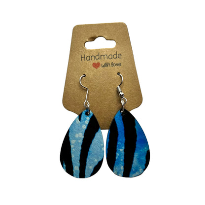 JenDore Blue Striped Printed TearDrop Wood Silver Stainless Steel French Wire Hook Earrings