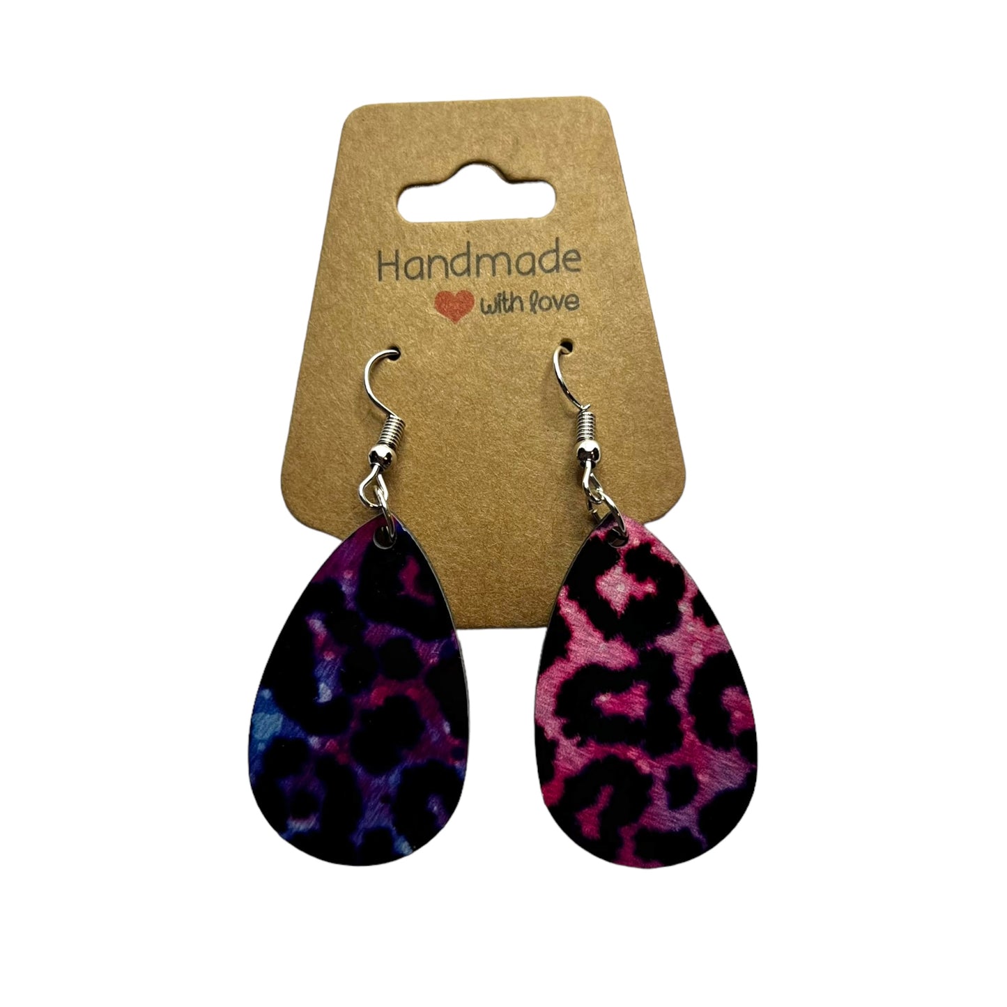 JenDore Colorful Leopard Printed TearDrop Wood Silver Stainless Steel French Wire Hook Earrings