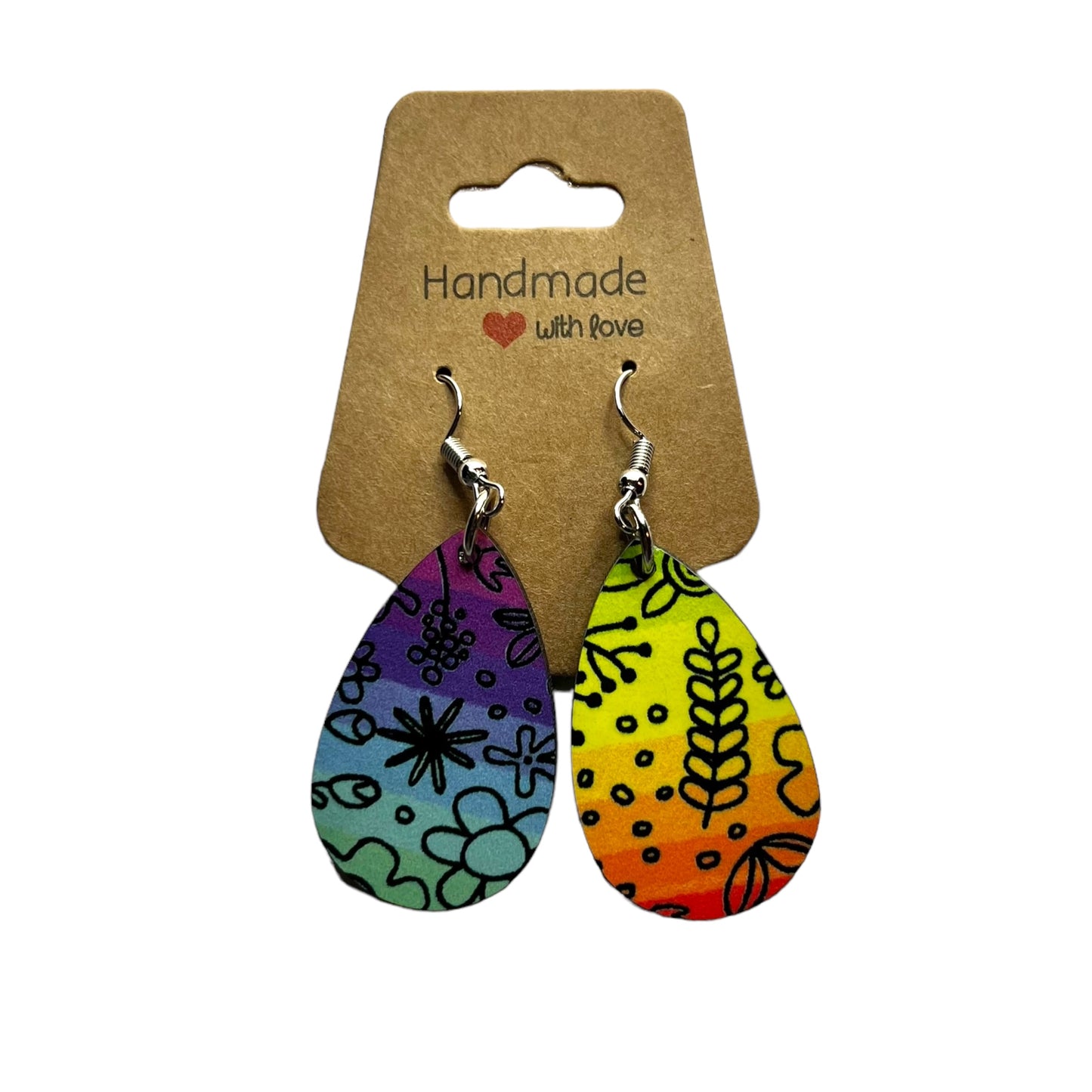 JenDore Colorful Fun Floral Printed TearDrop Wood Silver Stainless Steel French Wire Hook Earrings