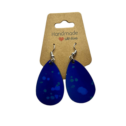 JenDore Blue Printed TearDrop Wood Silver Stainless Steel French Wire Hook Earrings