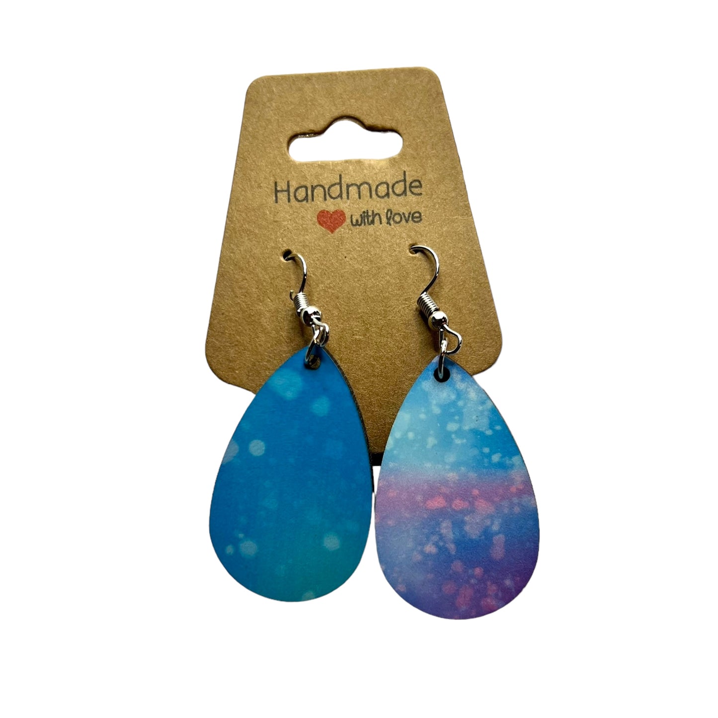 JenDore Colorful Blue Pink Printed TearDrop Wood Silver Stainless Steel French Wire Hook Earrings