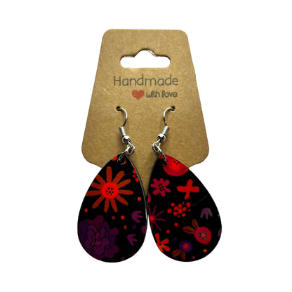 JenDore Floral Printed TearDrop Wood Silver Stainless Steel French Wire Hook Earrings