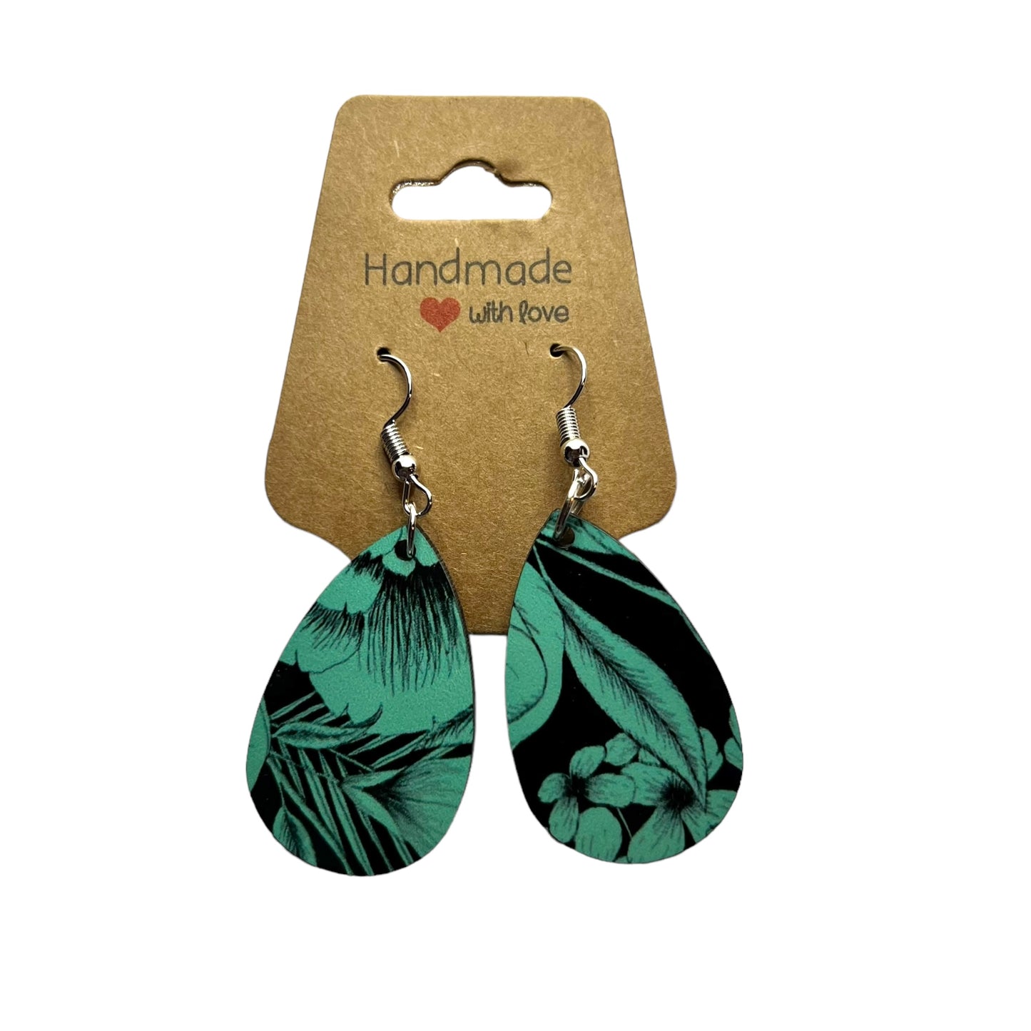 JenDore Green Black Floral Printed TearDrop Wood Silver Stainless Steel French Wire Hook Earrings