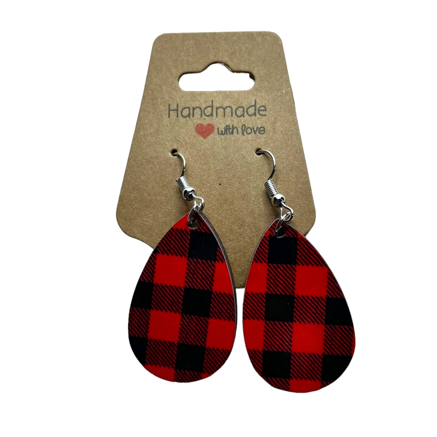 JenDore Red Black Plaid Printed TearDrop Wood Silver Stainless Steel French Wire Hook Earrings