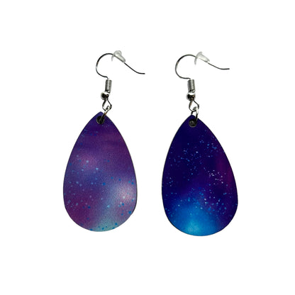 JenDore Galaxy Printed TearDrop Wood Silver Stainless Steel French Wire Hook Earrings