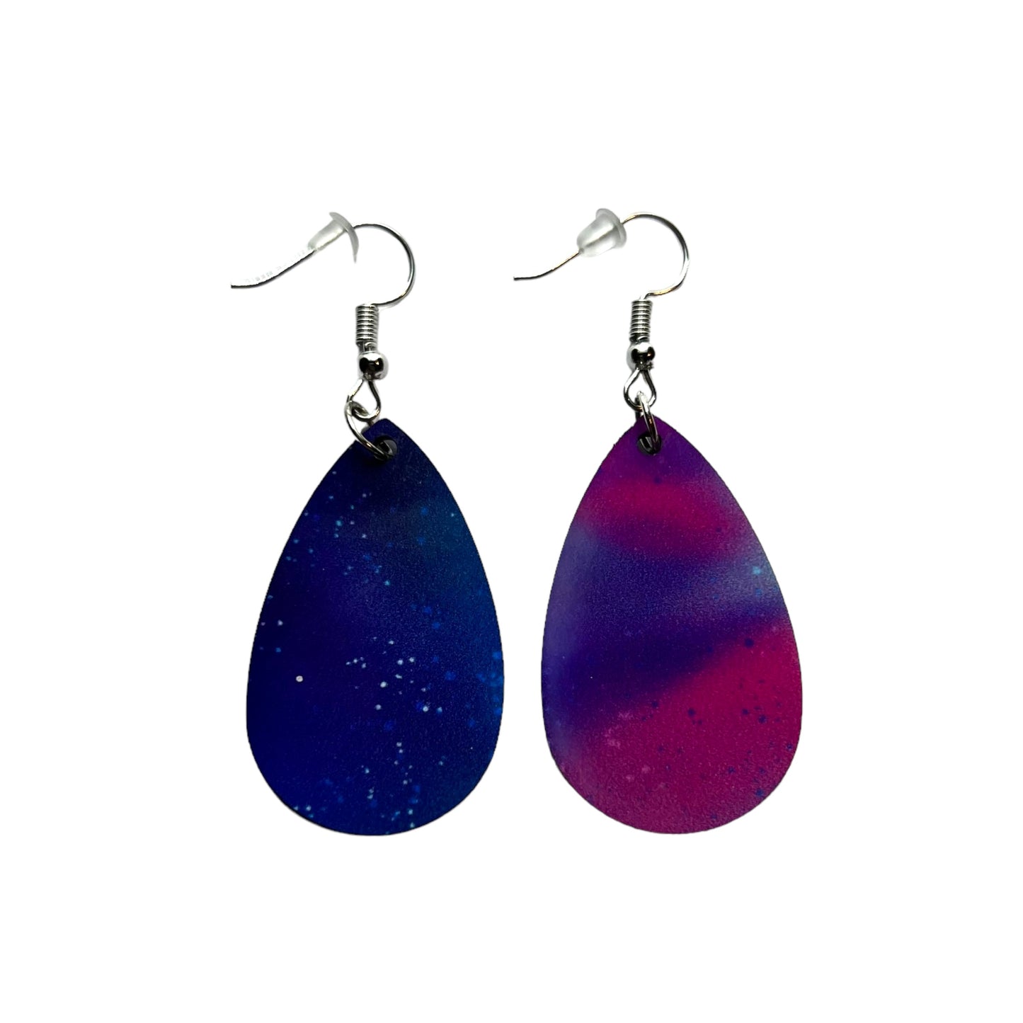 JenDore Galaxy Printed TearDrop Wood Silver Stainless Steel French Wire Hook Earrings