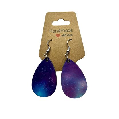 JenDore Galaxy Printed TearDrop Wood Silver Stainless Steel French Wire Hook Earrings