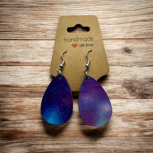 JenDore Galaxy Printed TearDrop Wood Silver Stainless Steel French Wire Hook Earrings