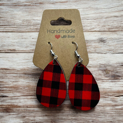 JenDore Red Black Plaid Printed TearDrop Wood Silver Stainless Steel French Wire Hook Earrings