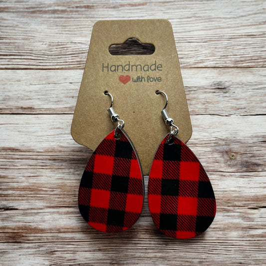 JenDore Red Black Plaid Print Wooden TearDrop Earrings