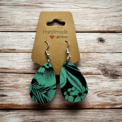 JenDore Green Black Floral Printed TearDrop Wood Silver Stainless Steel French Wire Hook Earrings