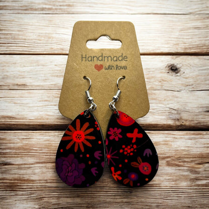 JenDore Floral Print Wooden TearDrop Earrings