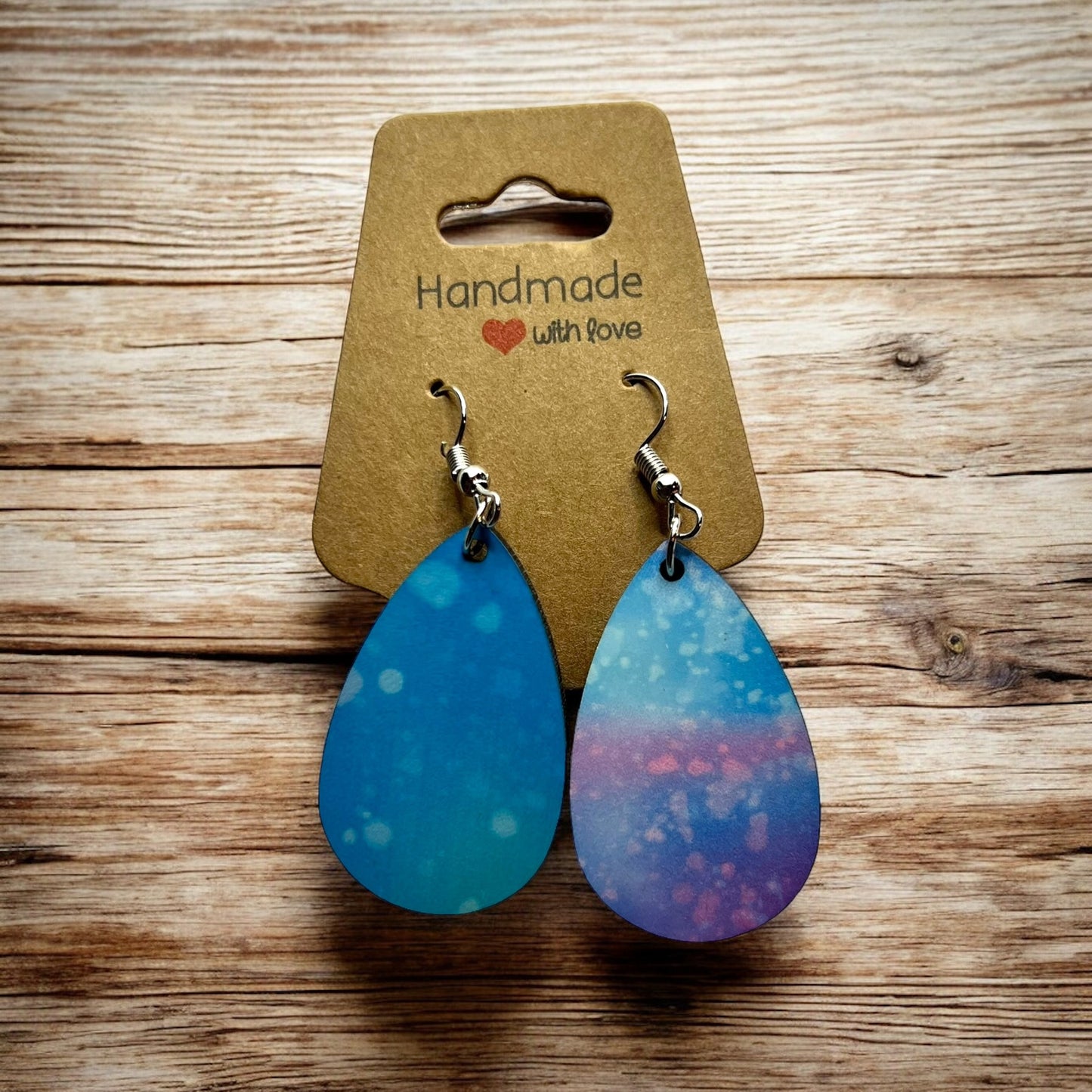 JenDore Colorful Blue Pink Print Wooden TearDrop Earrings