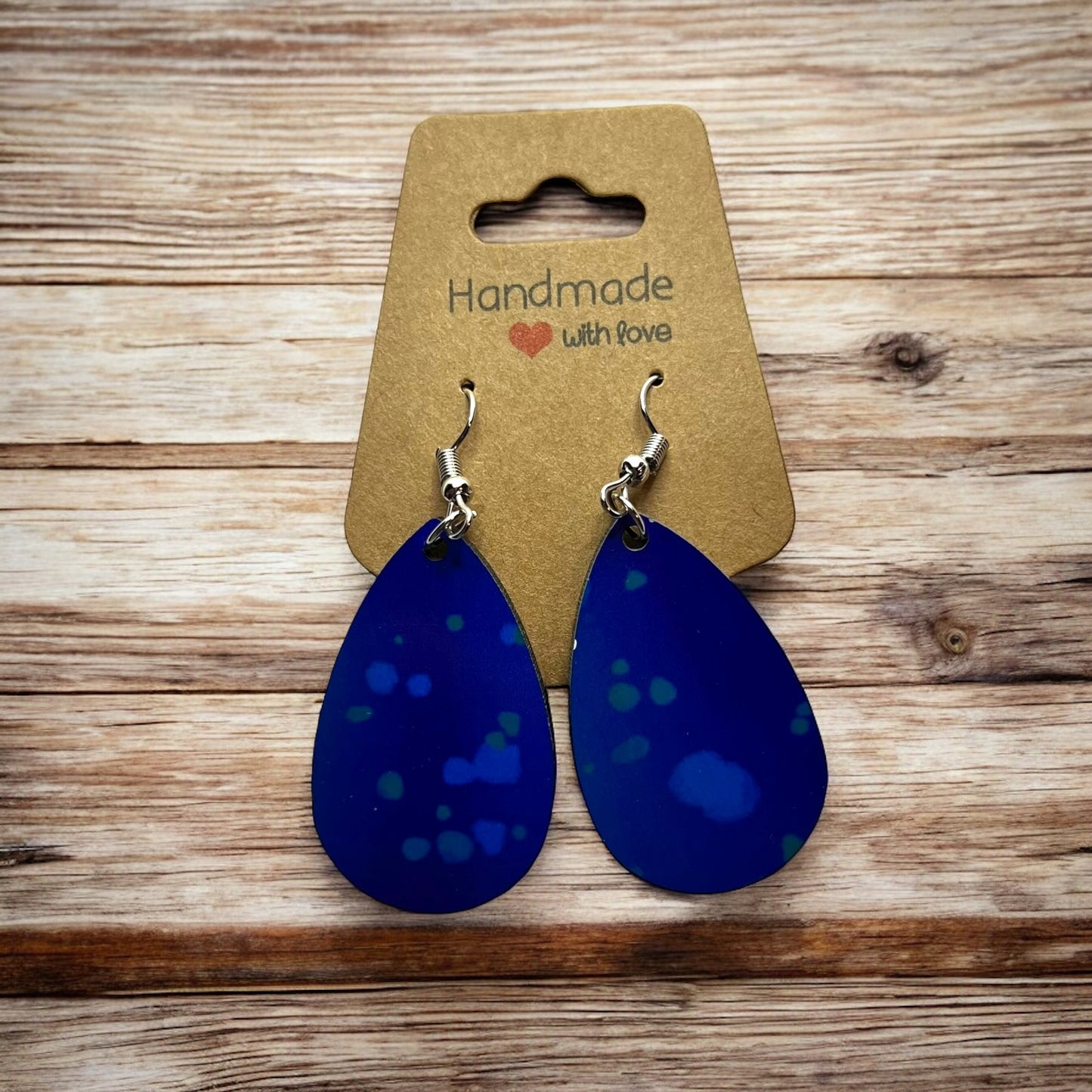 JenDore Blue Printed TearDrop Wood Silver Stainless Steel French Wire Hook Earrings