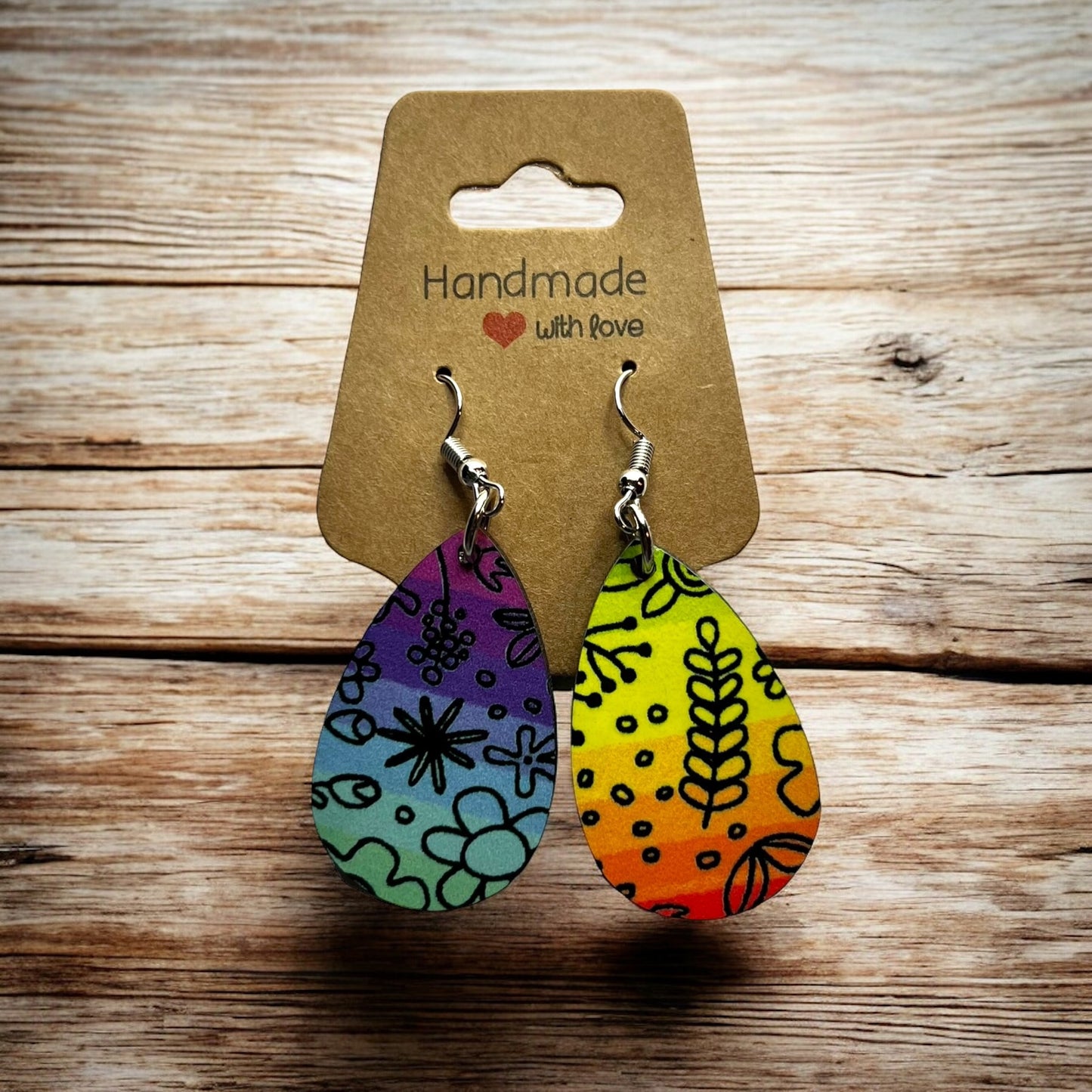 JenDore Colorful Fun Floral Printed TearDrop Wood Silver Stainless Steel French Wire Hook Earrings