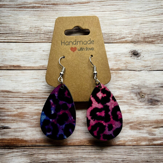 JenDore Colorful Leopard Printed TearDrop Wood Silver Stainless Steel French Wire Hook Earrings