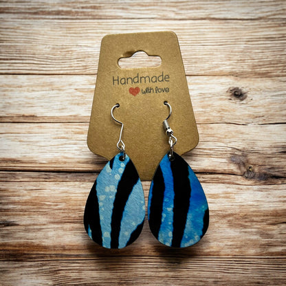 JenDore Blue Striped Printed TearDrop Wood Silver Stainless Steel French Wire Hook Earrings