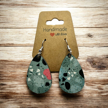 JenDore Stone Printed TearDrop Wood Silver Stainless Steel French Wire Hook Earrings