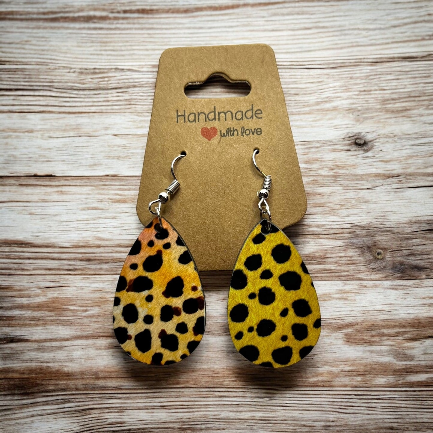 JenDore Tan Leopard Printed TearDrop Wood Silver Stainless Steel French Wire Hook Earrings