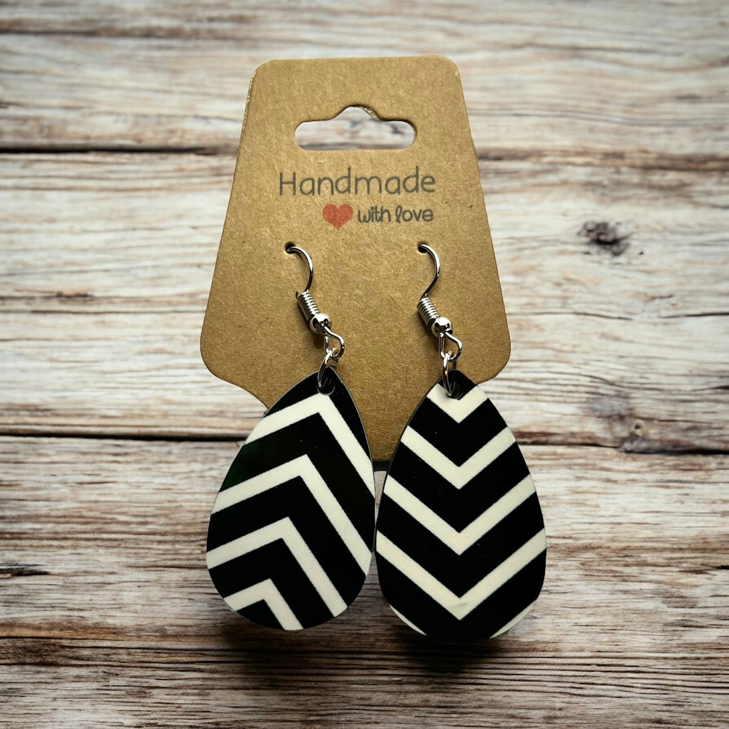 JenDore Black White Striped Printed TearDrop Wood Silver Stainless Steel French Wire Hook Earrings