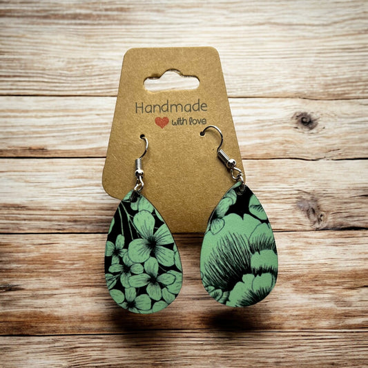 JenDore Mint Green Black Floral Printed TearDrop Wood Silver Stainless Steel French Wire Hook Earrings