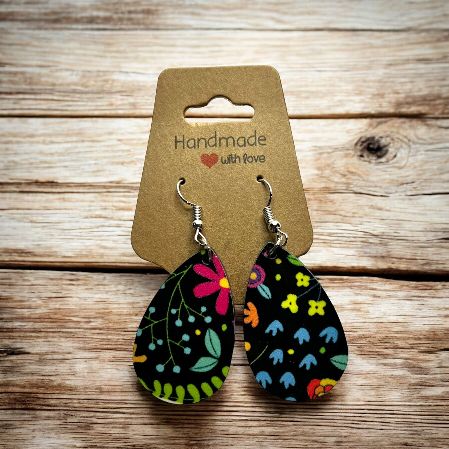 JenDore Colorful Black Floral Printed TearDrop Wood Silver Stainless Steel French Wire Hook Earrings