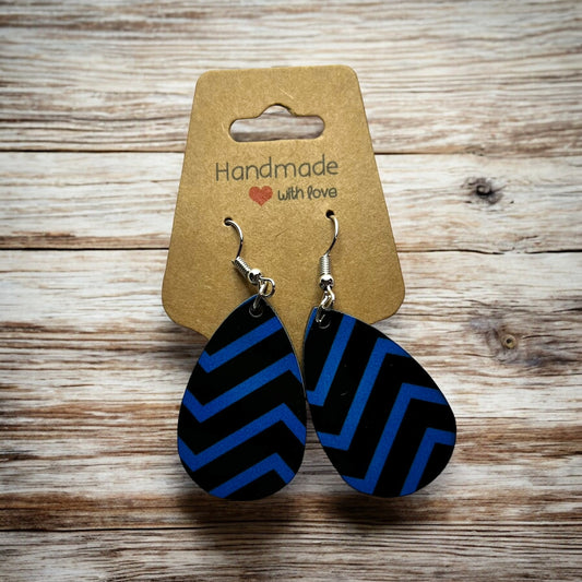 JenDore Blue Black Striped Printed TearDrop Wood Silver Stainless Steel French Wire Hook Earrings