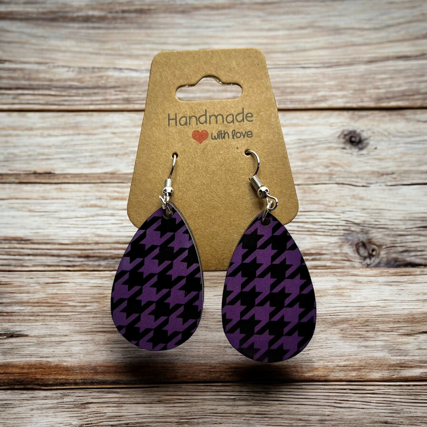 JenDore Purple Black Printed TearDrop Wood Silver Stainless Steel French Wire Hook Earrings