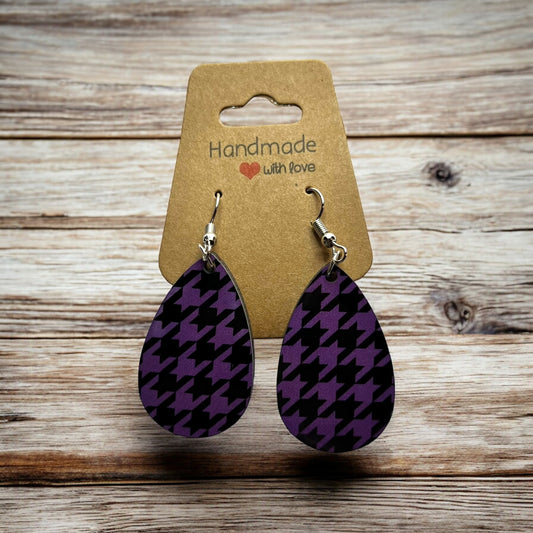 JenDore Purple Black Printed TearDrop Wood Silver Stainless Steel French Wire Hook Earrings