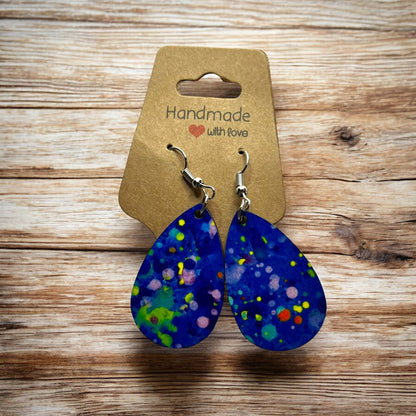 JenDore Paint Splats Printed TearDrop Wood Silver Stainless Steel French Wire Hook Earrings