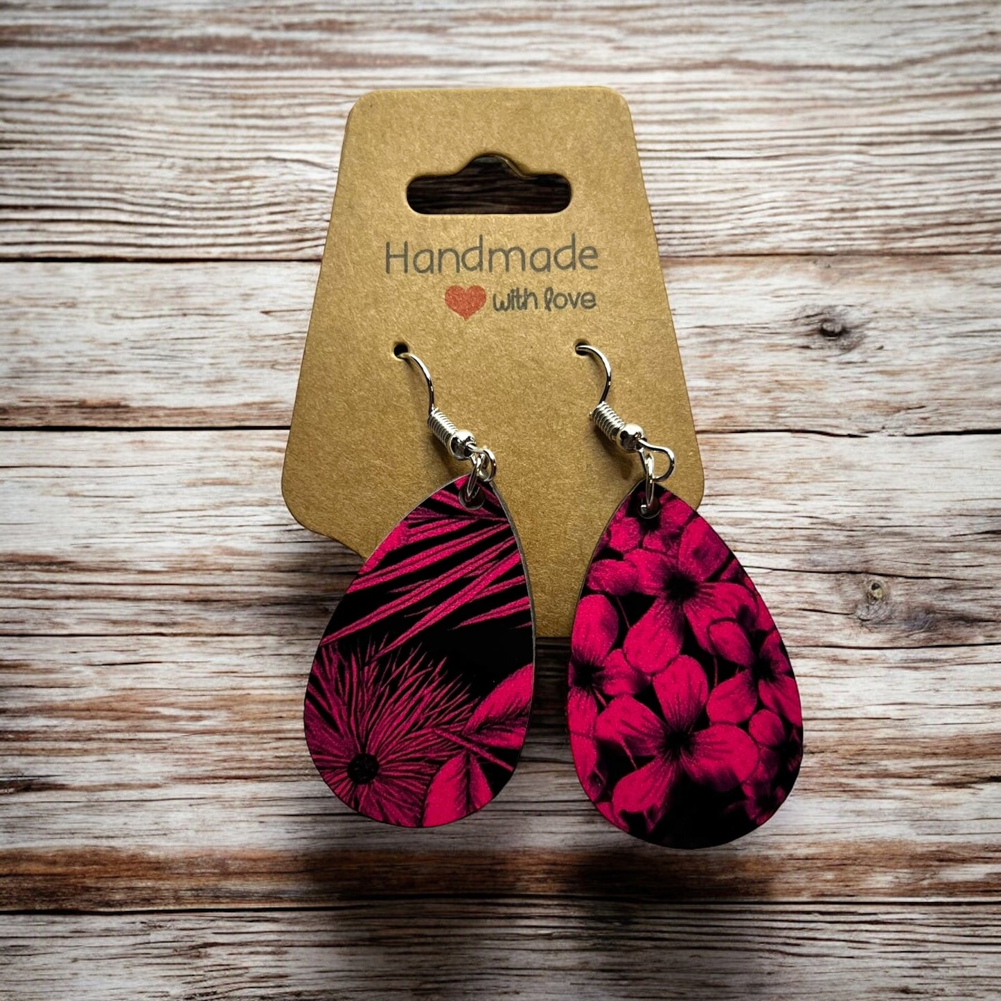 JenDore Hot Pink Black Floral Printed TearDrop Wood Silver Stainless Steel French Wire Hook Earrings