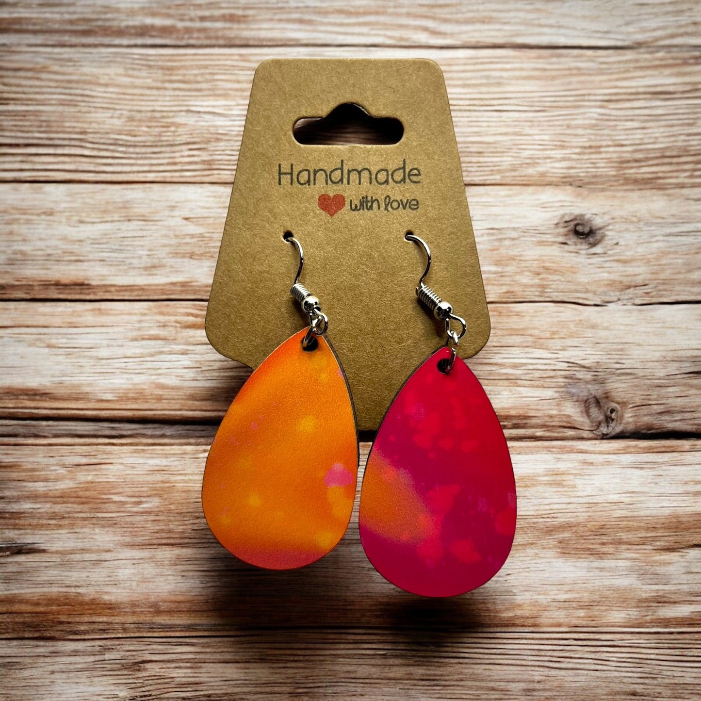 JenDore Orange Pink Printed TearDrop Wood Silver Stainless Steel French Wire Hook Earrings