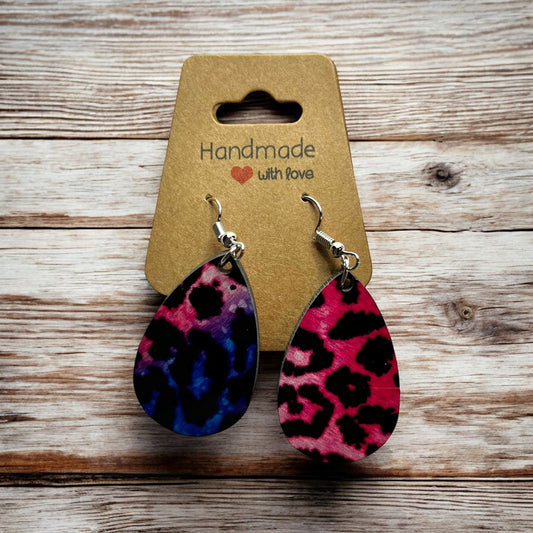 JenDore Pink Purple Leopard Printed TearDrop Wood Silver Stainless Steel French Wire Hook Earrings