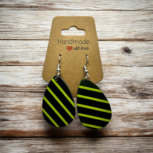 JenDore Lime Green Black Striped Printed TearDrop Wood Silver Stainless Steel French Wire Hook Earrings