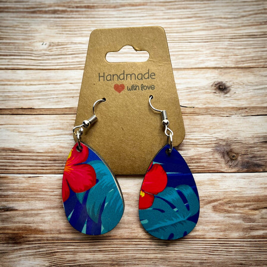 JenDore Tropical Red Blue Floral Printed TearDrop Wood Silver Stainless Steel French Wire Hook Earrings