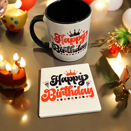 JenDore Happy Birthday Red Black Mug and Coaster Gift Set